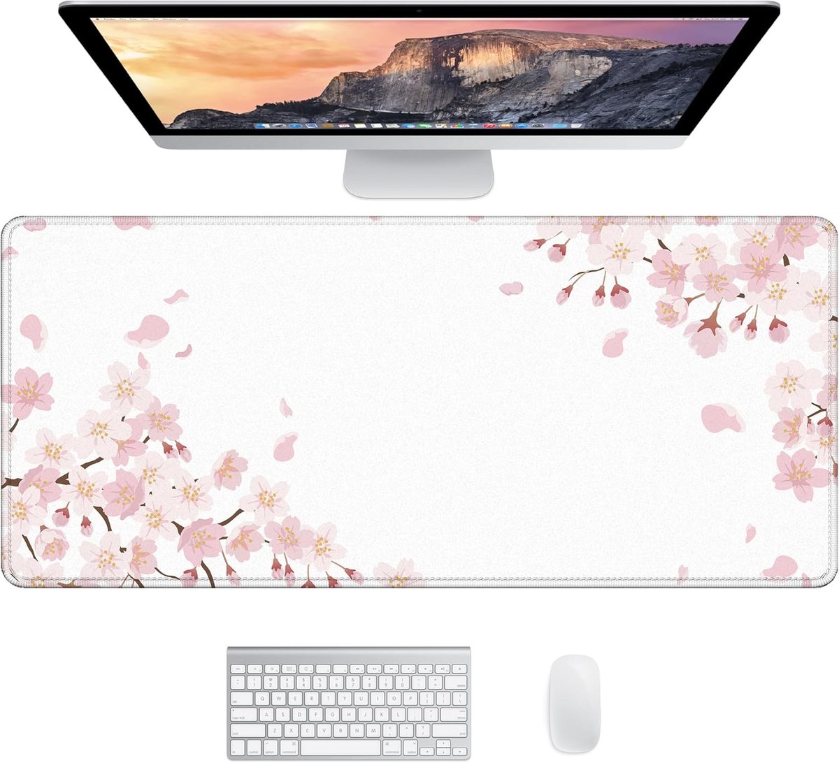 Thijox - Antislip Bureaumat XXL Muismat Gamingmat 90 x 40 cm - Glad Oppervlak, Bureauonderlegger, Wit Sakura, Ideaal voor Kantoor en Gaming