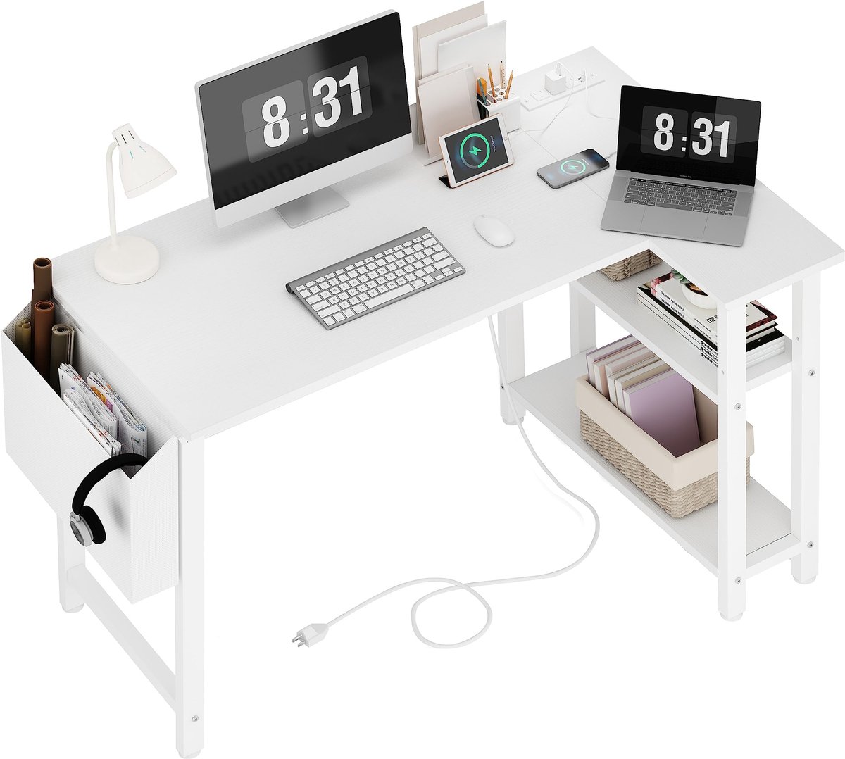 SnelShoppen - L-vormig Computerbureau Wit met Stopcontactplanken, 102 cm Omkeerbaar Hoekbureau voor Kleine Ruimte, Compact PC Bureau voor Thuiswerk, M