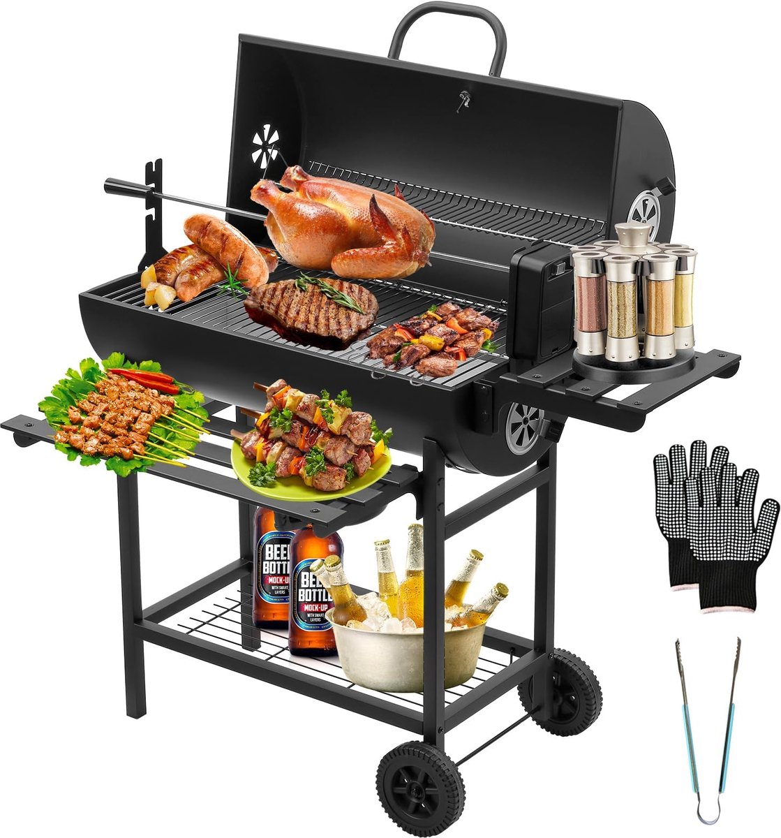 SnelShoppen - TEENO Houtskoolbarbecue XXL Grillrooster met Hittebestendige Handschoenen, Thermometer, Aslade en Verstelbare Ventilatie voor Tuin, Camp