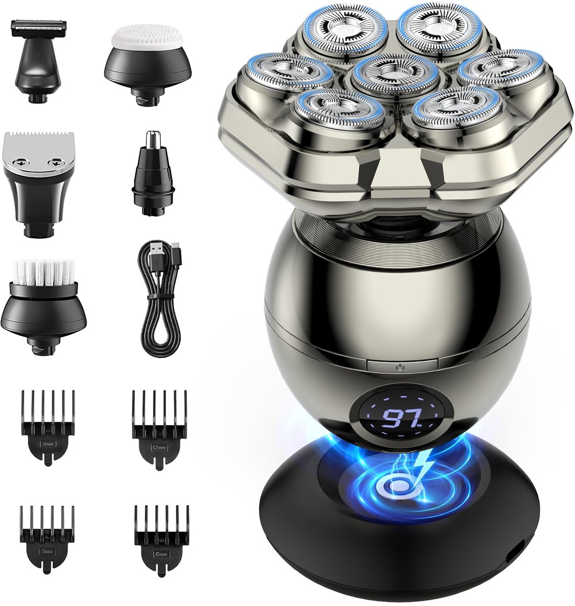 SnelShoppen - iWarmbase Scheerapparaat voor Heren, 7D Elektrisch Scheerapparaat, 6-in-1 Tondeuse, Kaal Scheerapparaat, Magnetisch, Afneembaar, Nat/Dro