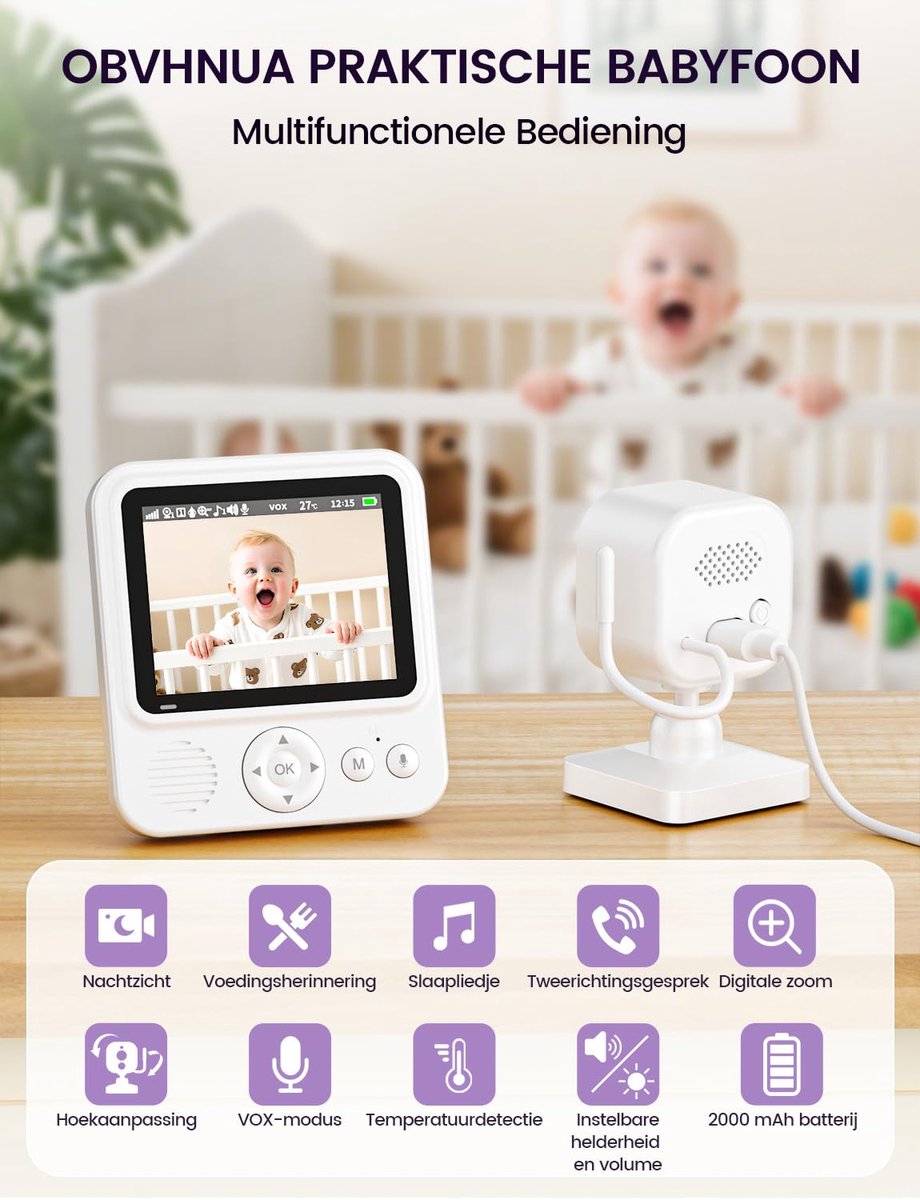 SnelShoppen - Babyfoon Camera 2,8 inch 720P HD - 2000mAh Videobewaking - IPS-scherm - USB-C - 2,4 GHz - Zoom - Nachtzicht - VOX-communicatie - Tempera