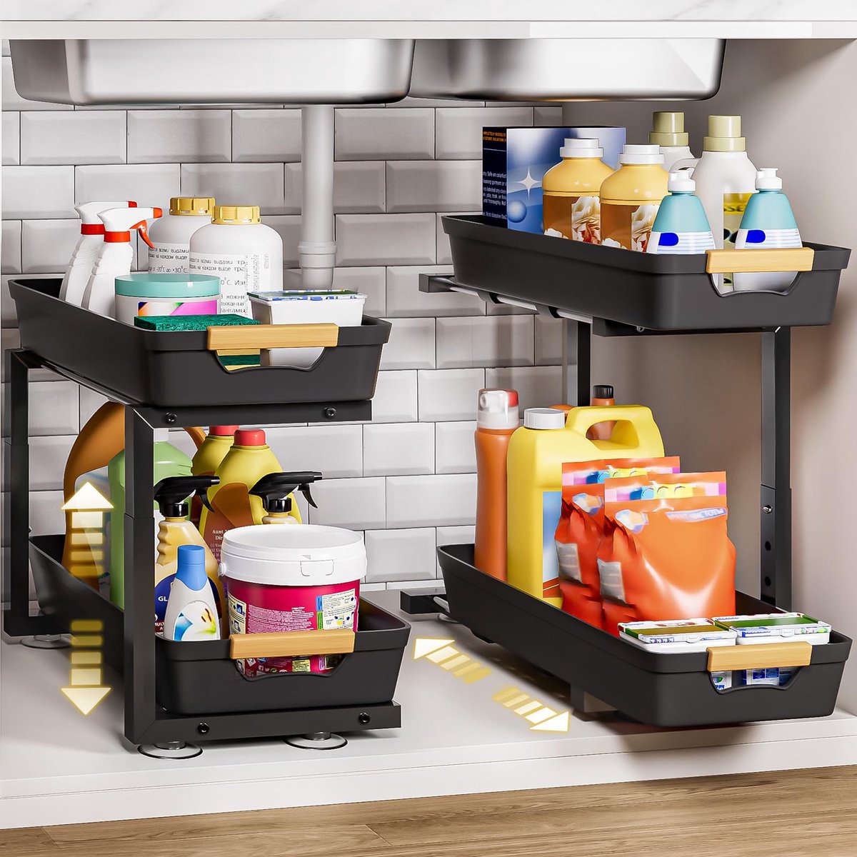 SnelShoppen - Set van 2 Keukenorganisatoren - Onder de Gootsteen Keukenrek met 8 Antislip Zuignappen - Zwart - Ideaal voor Keuken, Badkamer, Detergent