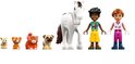 Figurines et animaux LEGO Friends : un cheval blanc, deux figurines, des chiens, des chats et un lapin.