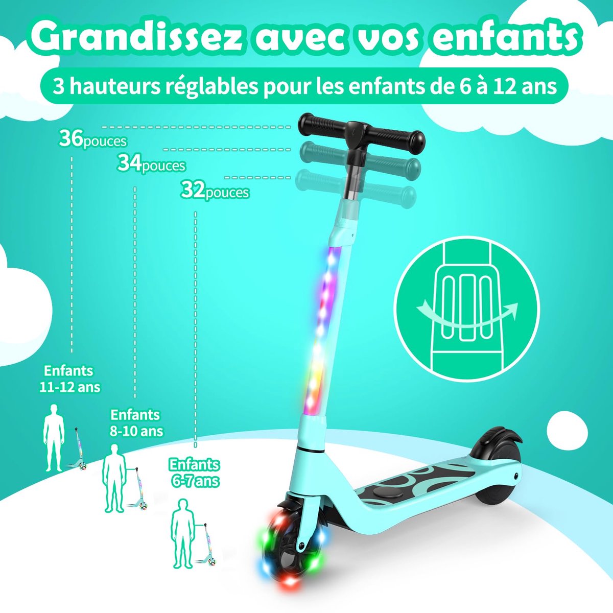 SnelShoppen - Elektrische step voor kinderen 6-12 jaar, 5,3 inch met LED verlichting, 3 verstelbare hoogtes, max. belasting 70 kg, ideaal voor buiten