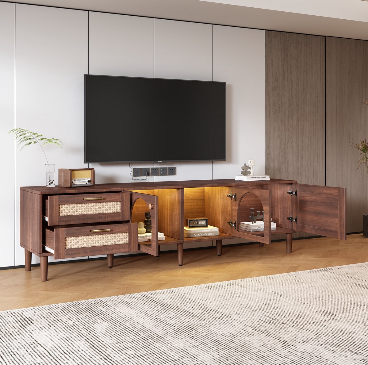 COVREO TV meubel 180 x 40 x 50 cm bruin met 2 lades, glasdeuren en LED verlichting