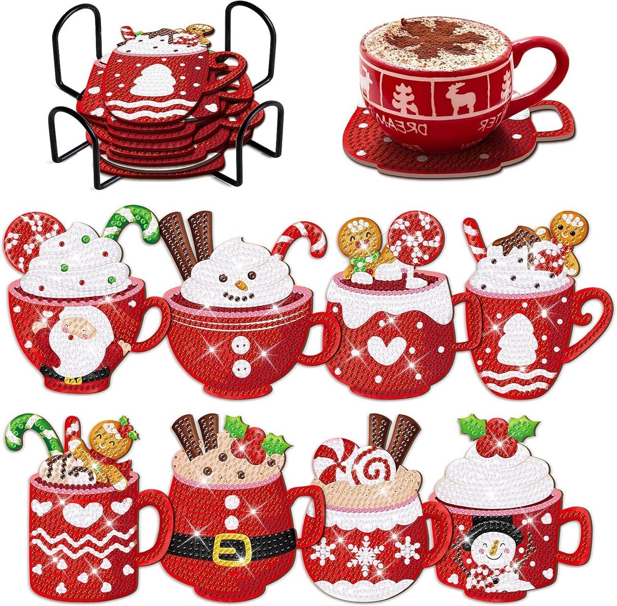 SnelShoppen - 8-delige Kerstset Diamond Painting Coasters met Houder, 5D Onderzetters voor Bekers, Wijnglazen en Vazen, Creatieve DIY Craft voor Thuis