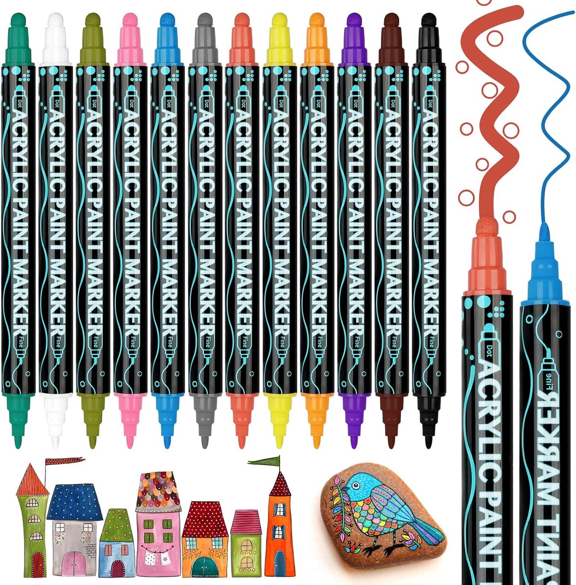 SnelShoppen - 12 Stuks Acrylverf Pennen - Dubbelpunts Markers voor Tekenen en Schilderen - Waterdicht voor Steen, Hout, Keramiek, Glas en Canvas - Kle