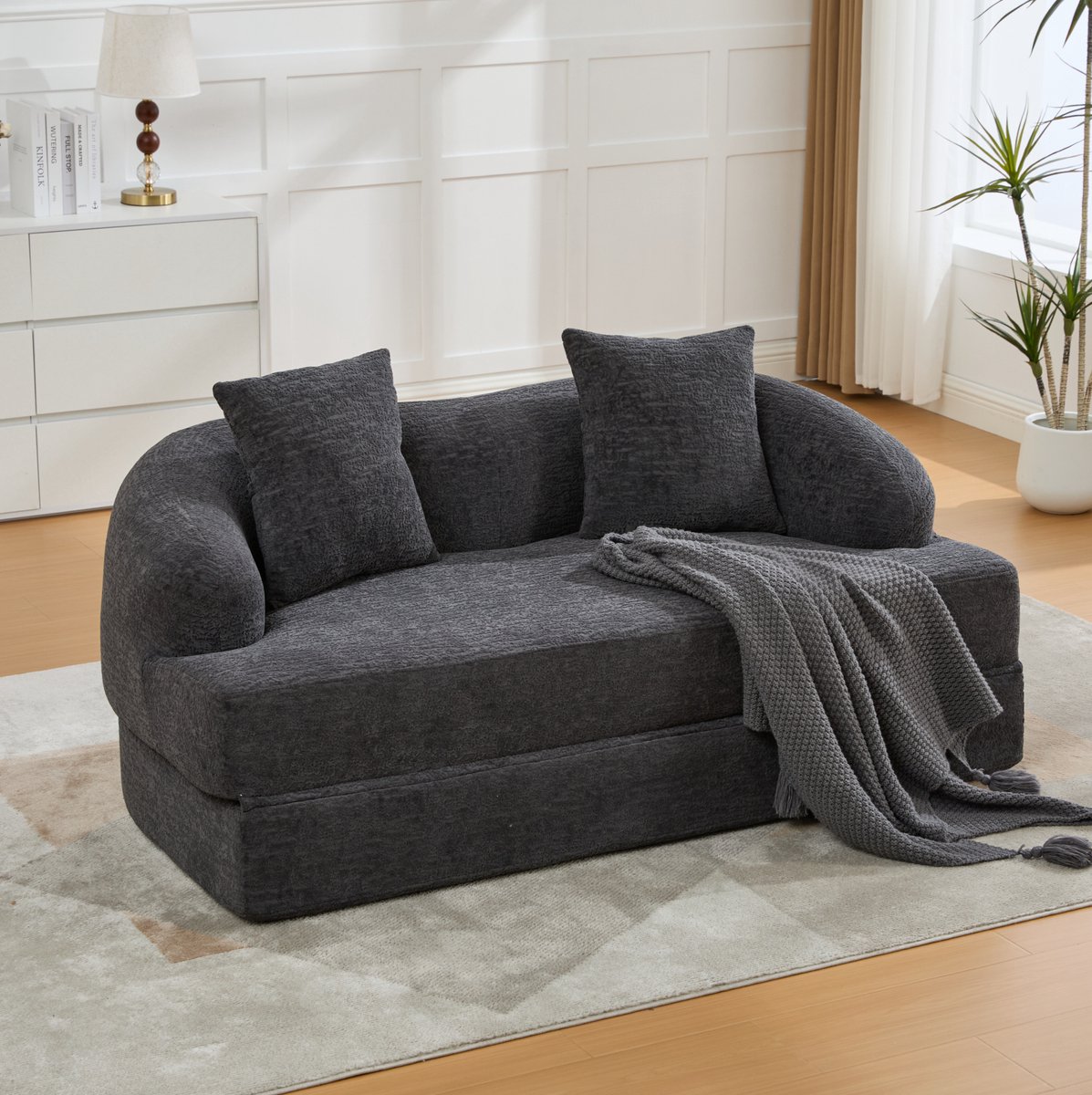 OKWISH Slaapbank 157 x 84 x 65 cm - 2-Zits Uitklapbare Bank Met 2 Kussens - Ruimtebesparend Voor Woonkamer Of Logeerkamer - Chenille - Donkergrijs