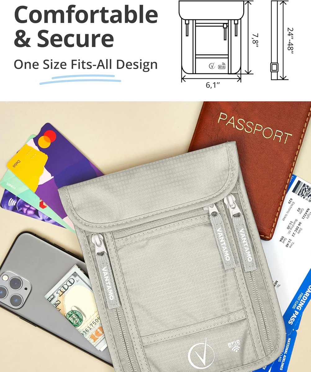 SnelShoppen - Vantamo Slim Passport Holder - RFID Beschermde Nek Wallet voor Mannen en Vrouwen - Geschikt voor Telefoon, Documenten en Kaarten - Cloud