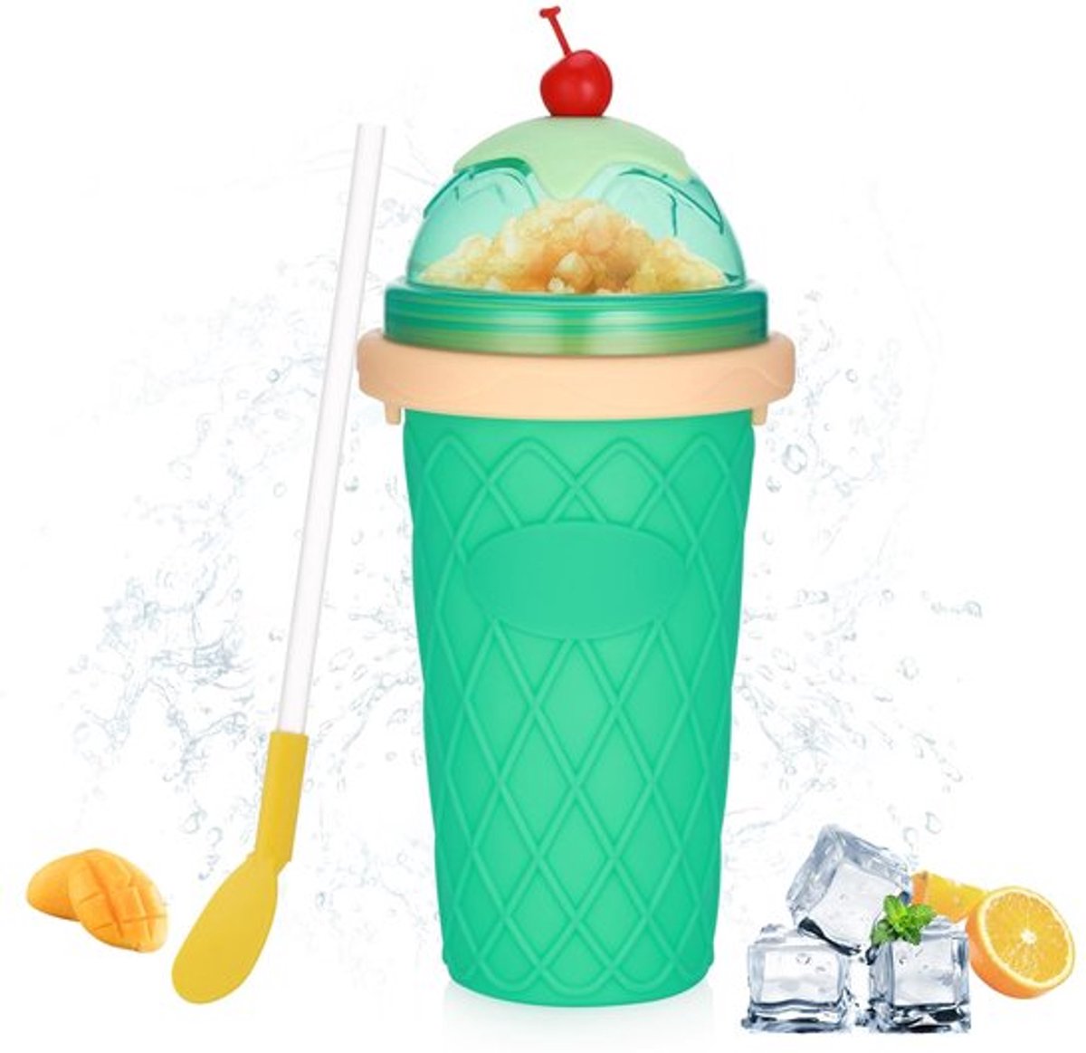 Knijpbeker - Herbruikbare Slush Beker - IJsmaker - 2-in-1 Rietje/Lepel - Outdoor - Lichtgroen - Eenvoudig te bedienen - Slushbeker