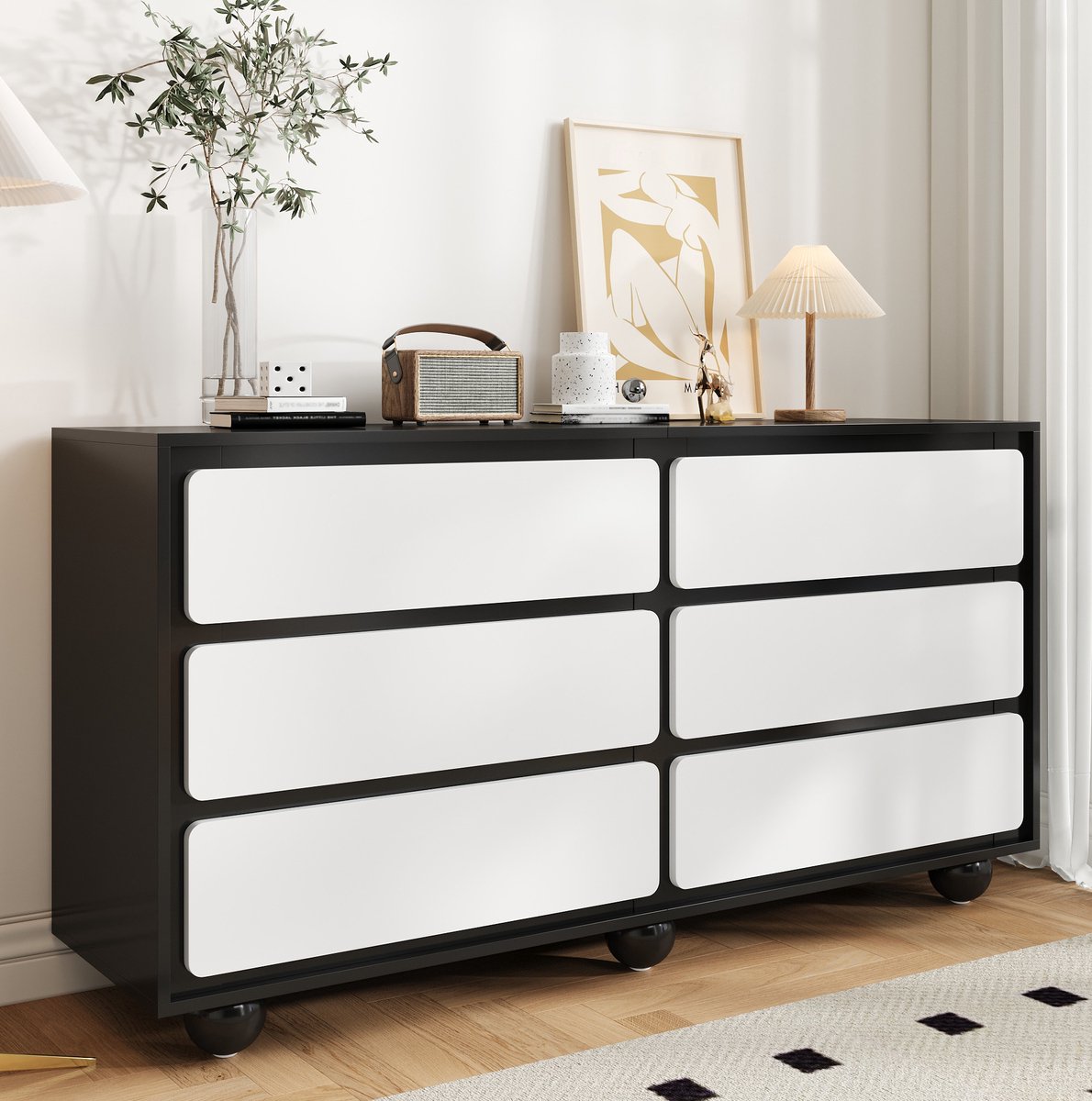 COVREO Kommode 140x38x74,5 cm - 6 Lades - Afgeronde Hoeken - Wit en Zwart - Spandplaat - Metalen Poten - Antikras Pads - voor Slaapkamer, Woonkamer en Hal
