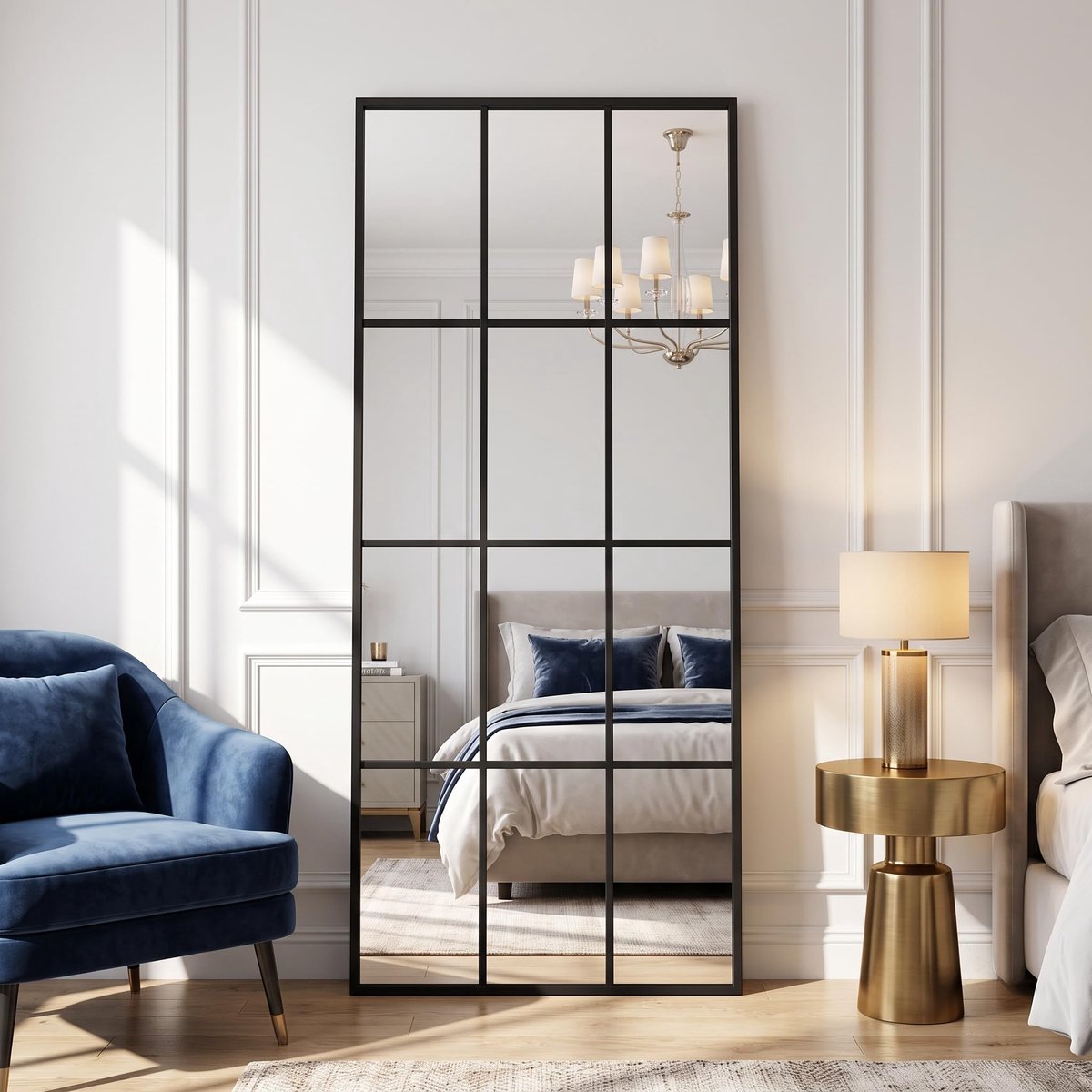 SnelShoppen - Staande Spiegel 180 x 76 cm - Decoratieve Rechthoekige Full-Body Spiegel - Hangend of Leunend - Grote Wandspiegel met Standaard - Zwart