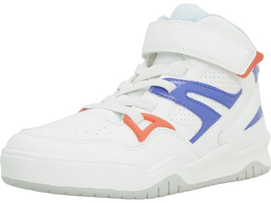 Witte Geox hoge sneaker met blauwe en oranje accenten en een klittenbandsluiting.