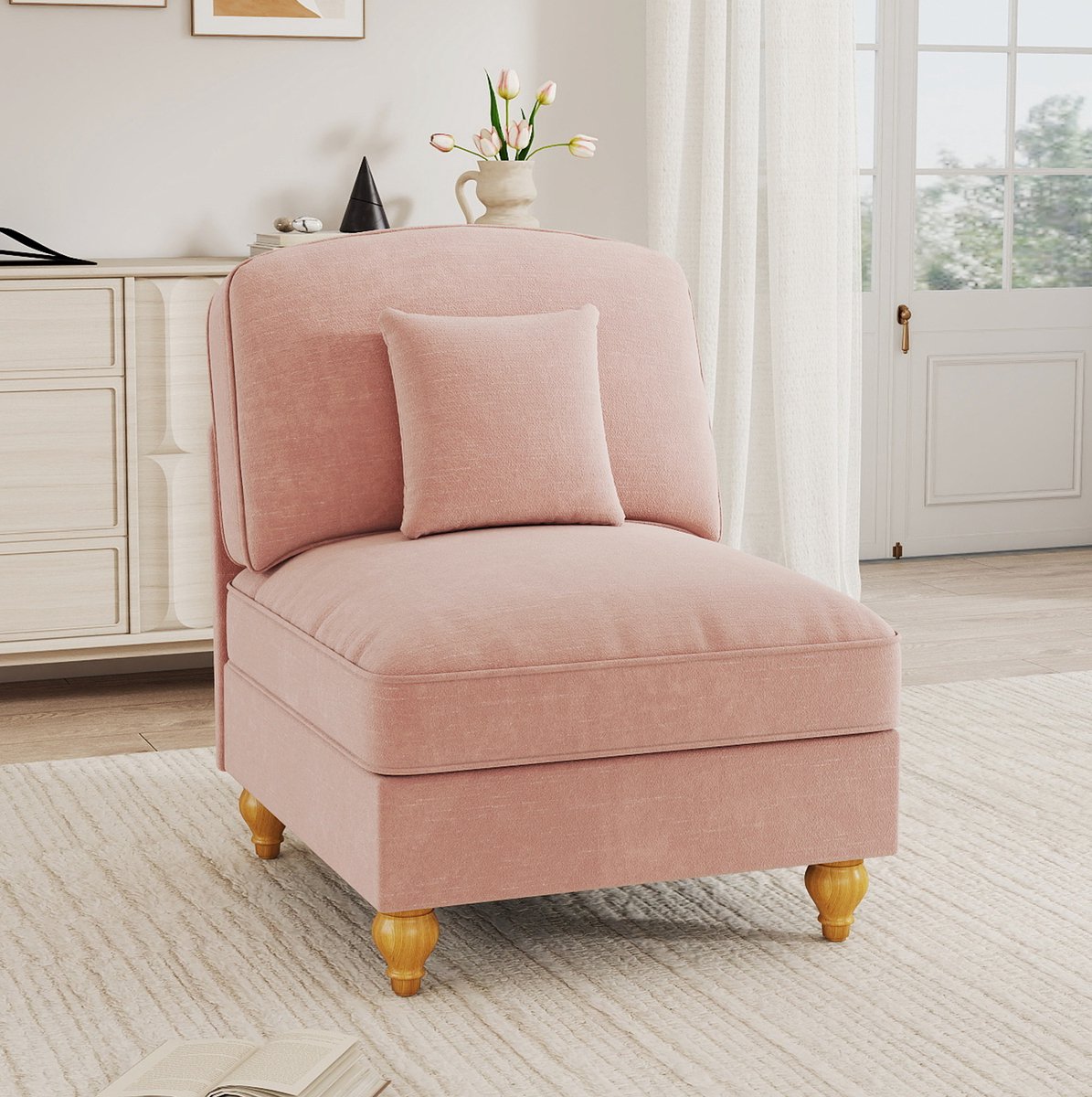 STILVORA Bankje 78 x 83,5 x 93 cm - Zonder Armleuningen Met Afneembare Rok En Los Kussen - Voor Woonkamer En Kleine Ruimtes - Chenille - Roze