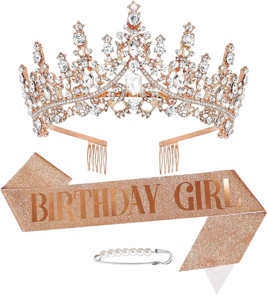 Verjaardagskroon en sjerp voor dames met tiara en parels, feestelijke versiering voor verjaardagsfeestjes en cadeaus voor meisjes