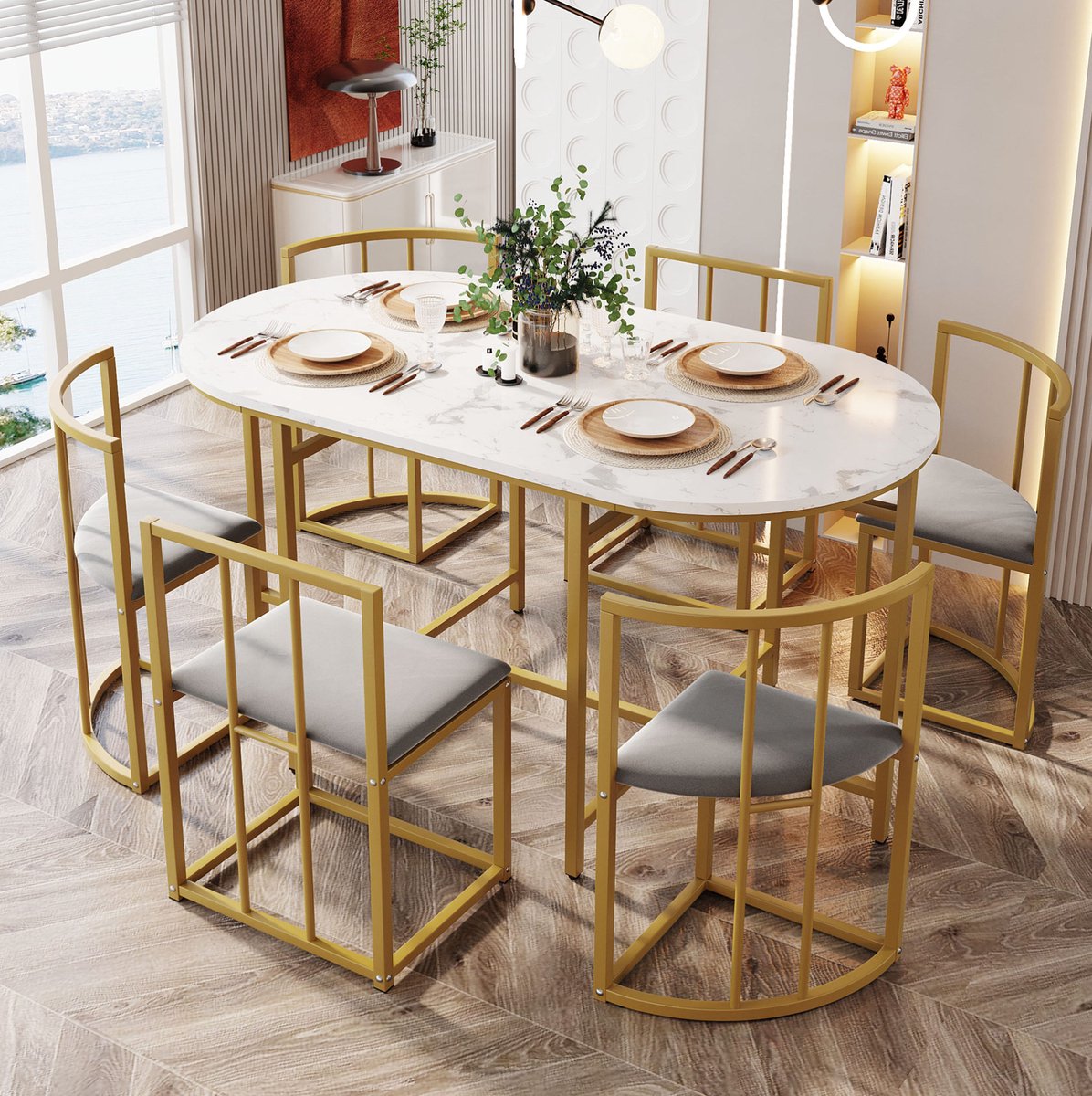 MEUNIQ 6-delige eetset 140 x 80 x 76 cm eettafel met 6 stoelen, rugleuningen en grijze fluwelen zittingen, wit met goud metalen frame