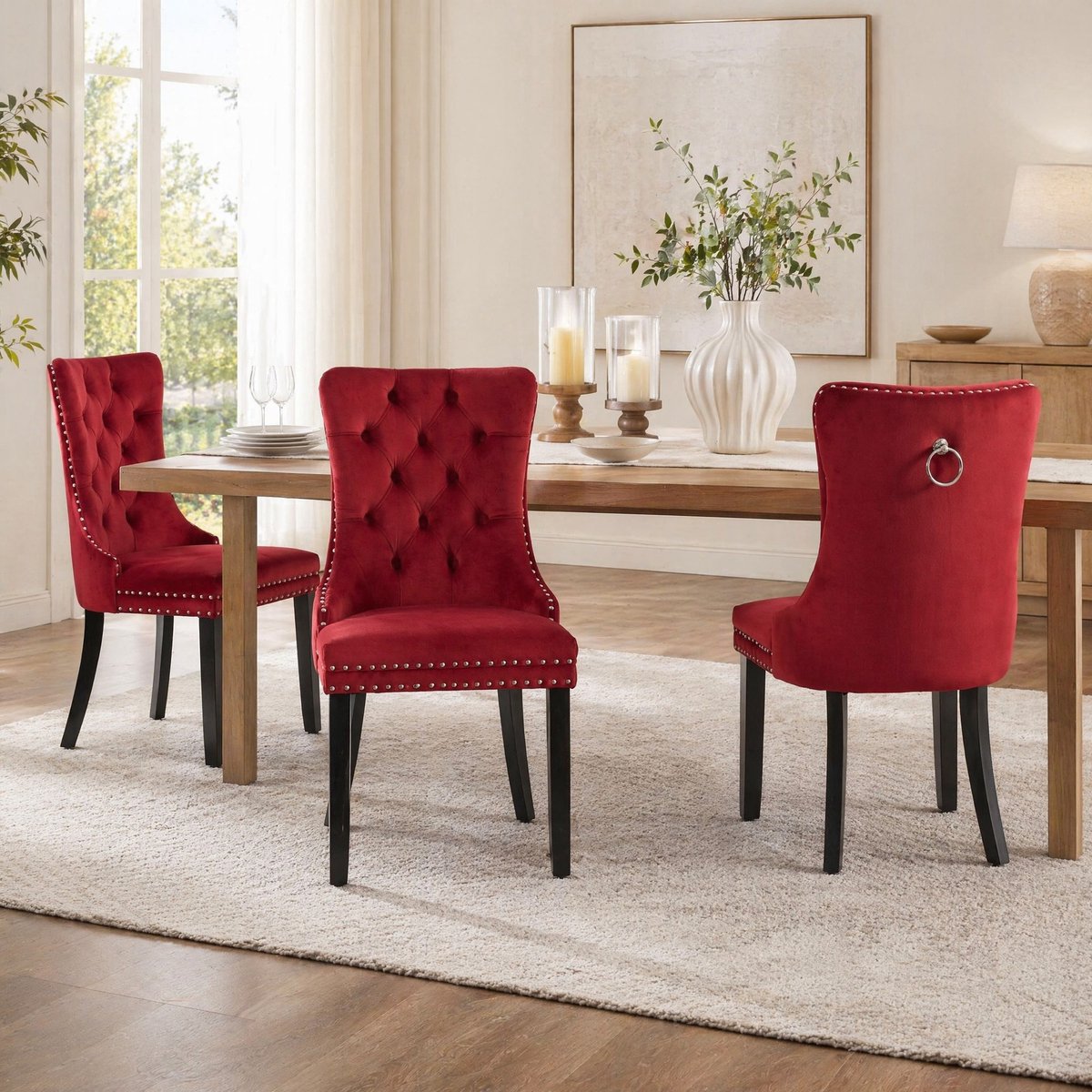 MEUNIQ Wijnrode velvet eetkamerstoel set van 2 met hoge rugleuning, gecapitonneerde zitting, houten poten en decoratieve klinknagels voor eetkamer en woonkamer Wijnrood
