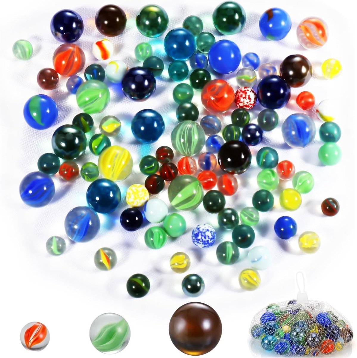 100 Keglasses voor Kinderen, Ideaal voor Marmer Spel, Speelgoed Accessoires en Creatief Spel, Maten: 25, 16 en 14 mm