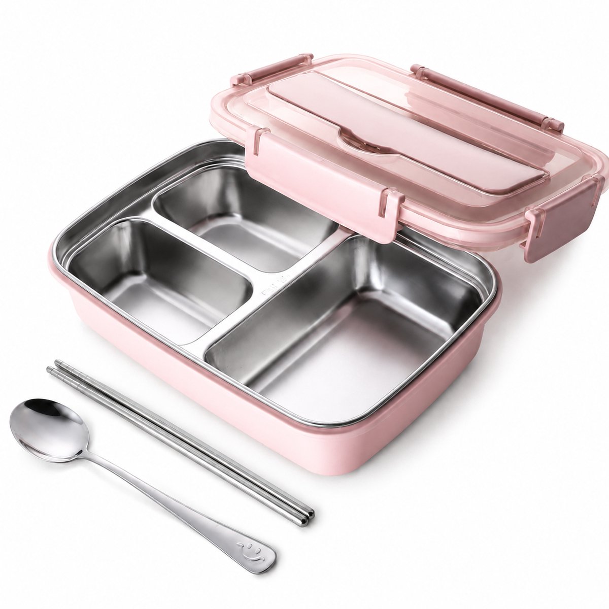 VHV - Bento Box met 3 Vakken - RVS Lunchbox met Lekvrij Deksel - Voor Studenten, Werk en Onderweg - Roze