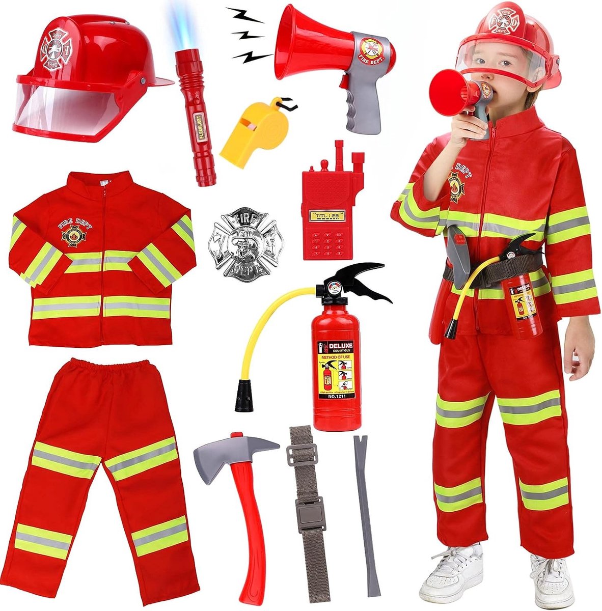 Brandweer Kostuum voor Kinderen, Rollenspel Outfit met Brandweerman Helm, Speelgoed voor Jongens en Meisjes, Perfect voor Carnaval en Halloween, Leeftijd 3-9 Jaar