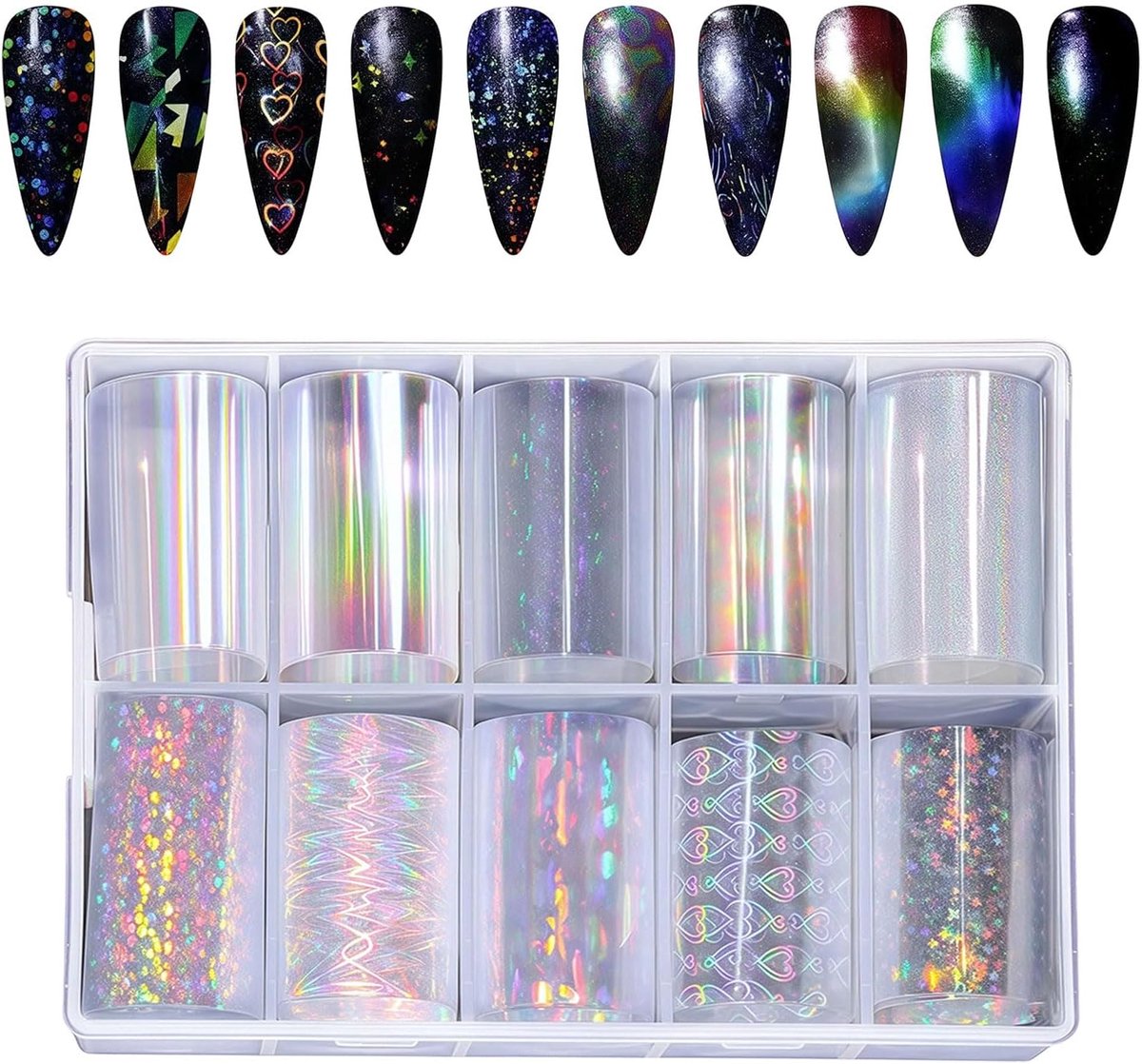 SnelShoppen - 10 Rollen Holografische Nagelfilm, Sterrenhemel Nagelstickers, Glasfragment Nagelfilms voor Gel DIY Manicure 100x4cm Glitter