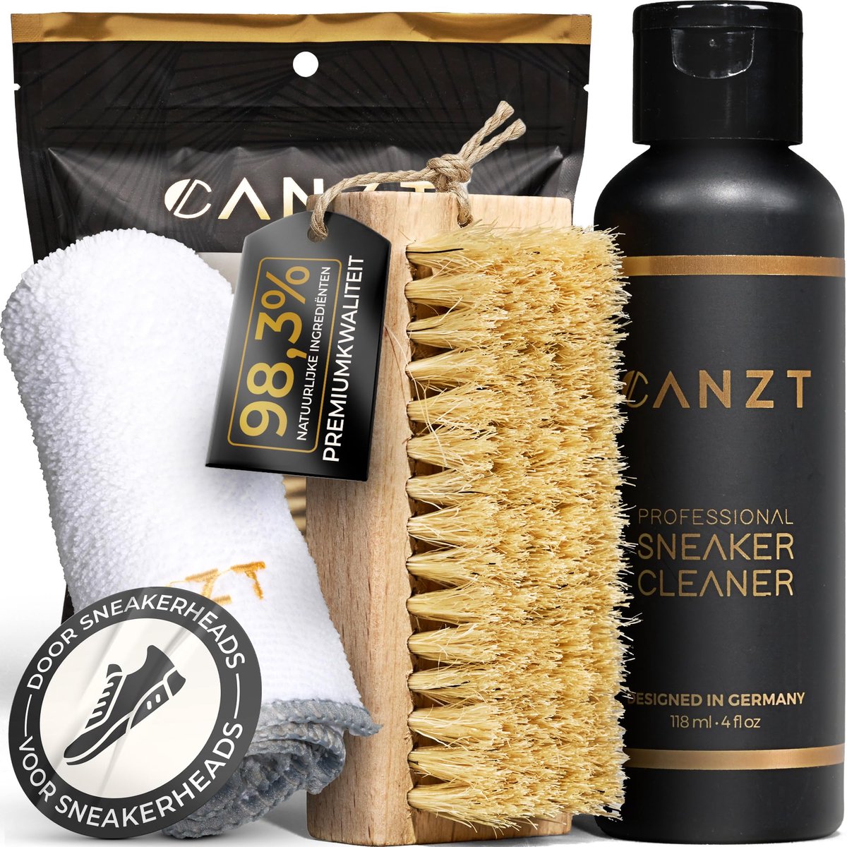 SnelShoppen - Canzt Sneaker Reinigingsset – Effectieve Schoenreiniger voor Leer, Suède, Nubuck & Textiel – Inclusief Borstel & Microvezeldoek – 118 ml