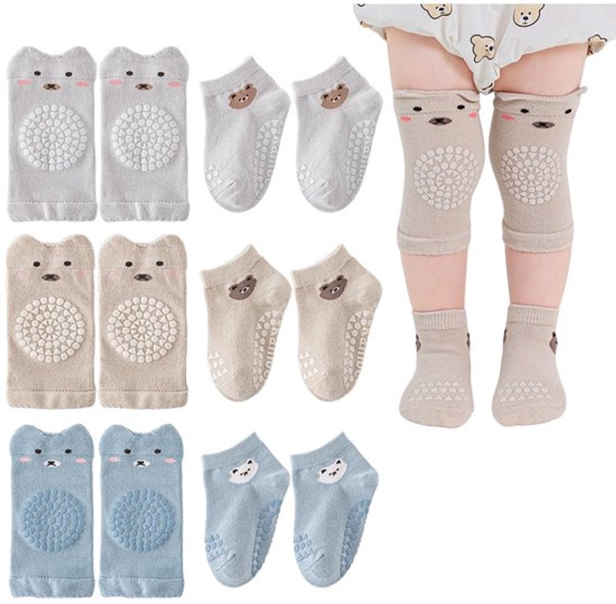 Babysokken Antislip - 3 Paar - Kruipkniebeschermers - Gekamd Katoen - Comfortabel - Ademend - Voetlengte 12-14 cm - Kruipsokken
