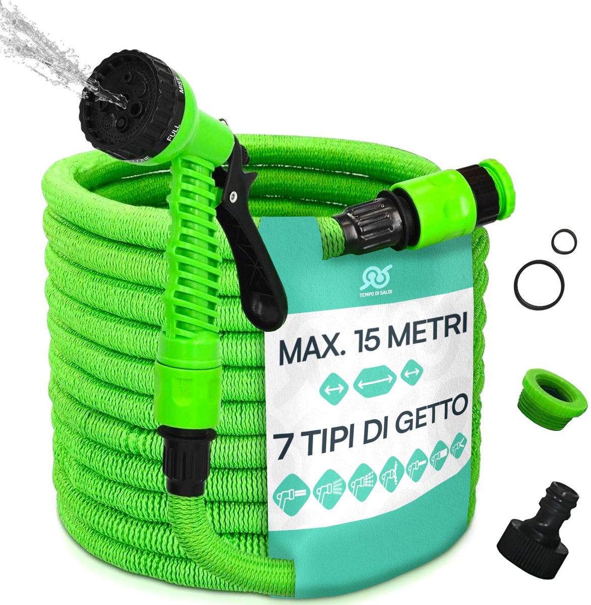 SnelShoppen - Uittrekbare Tuinslang 15 m met 7 Functies - Waterdichte Reiniger voor Tuin, Camping en Auto - Flexibele Slang, Handig en Compact