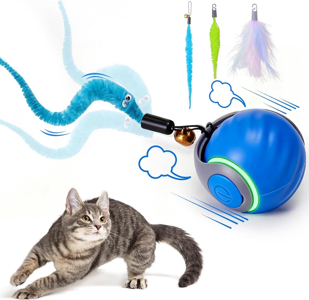 Kattenspeelgoed - Interactieve kattenspeelgoedbal - Automatische kattenbal met staart - Met 3 staarten en 2 snelheden - Gaat verveling tegen – Duurzaam en kauwbestendig - Voor Katten en Kleine Honden - Blauw