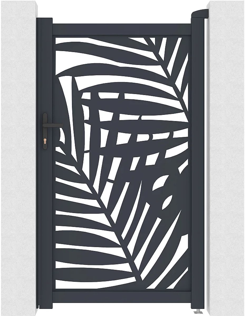 Vente-unique Tuinpoort van aluminium met tropisch motief in lasersnijwerk - L103 x H180 cm