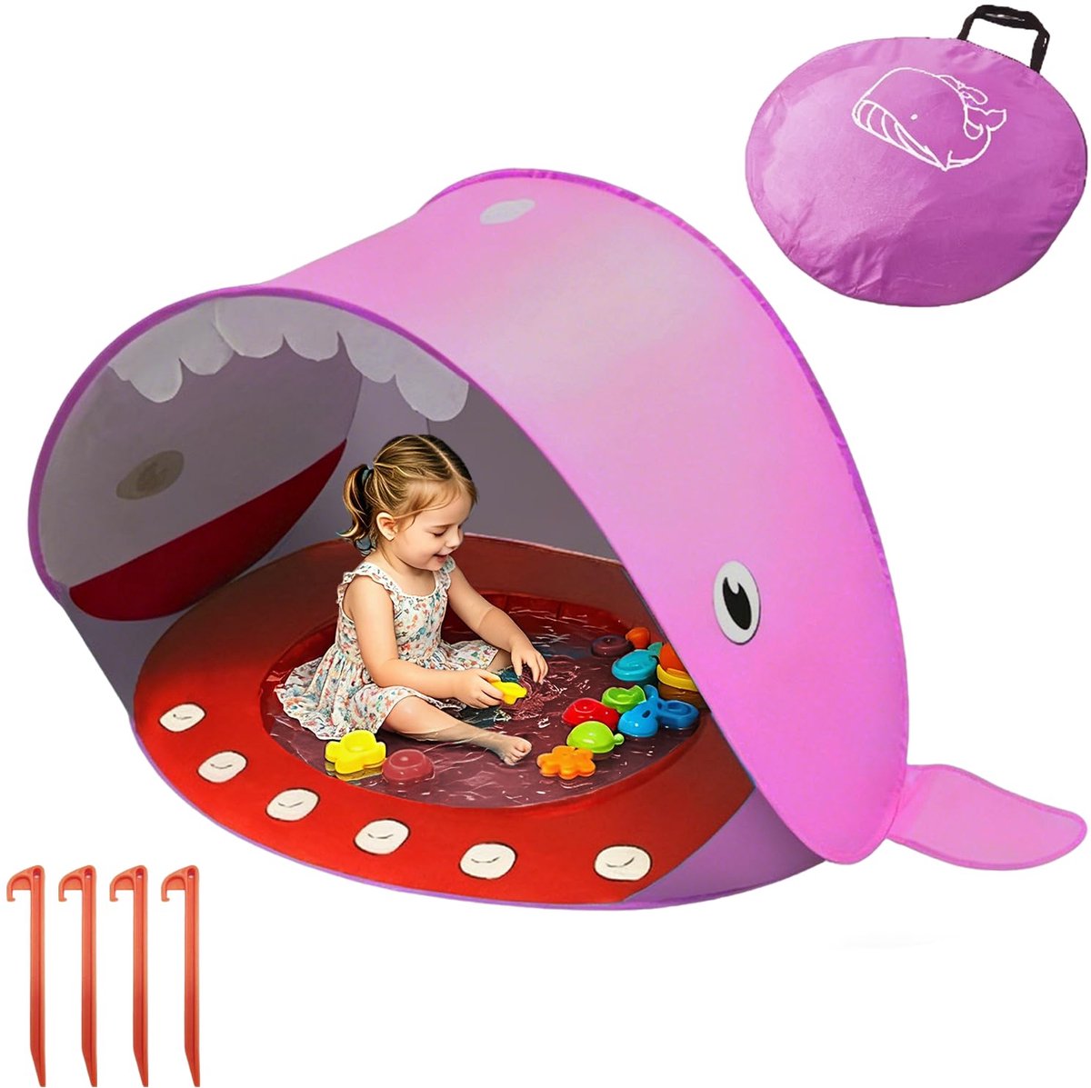 SnelShoppen - Pop-up Strandtent met Geïntegreerd Zwembad, UPF 50+ UV-Bescherming, Strandschelp in Walvisroze voor Baby's en Peuters, Ideaal voor Stran