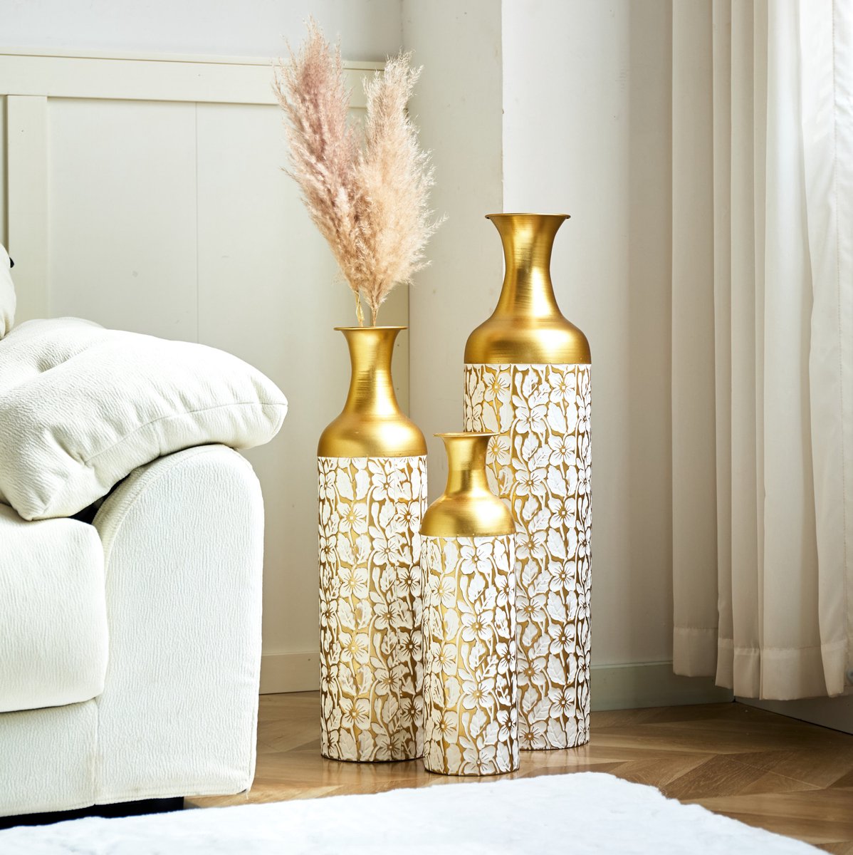 MODENUIT Bodenvazen – 3-Delig – 50/66/85 cm – Metaal – Goud/Wit – Bloemenmotief – Voor Binnen
