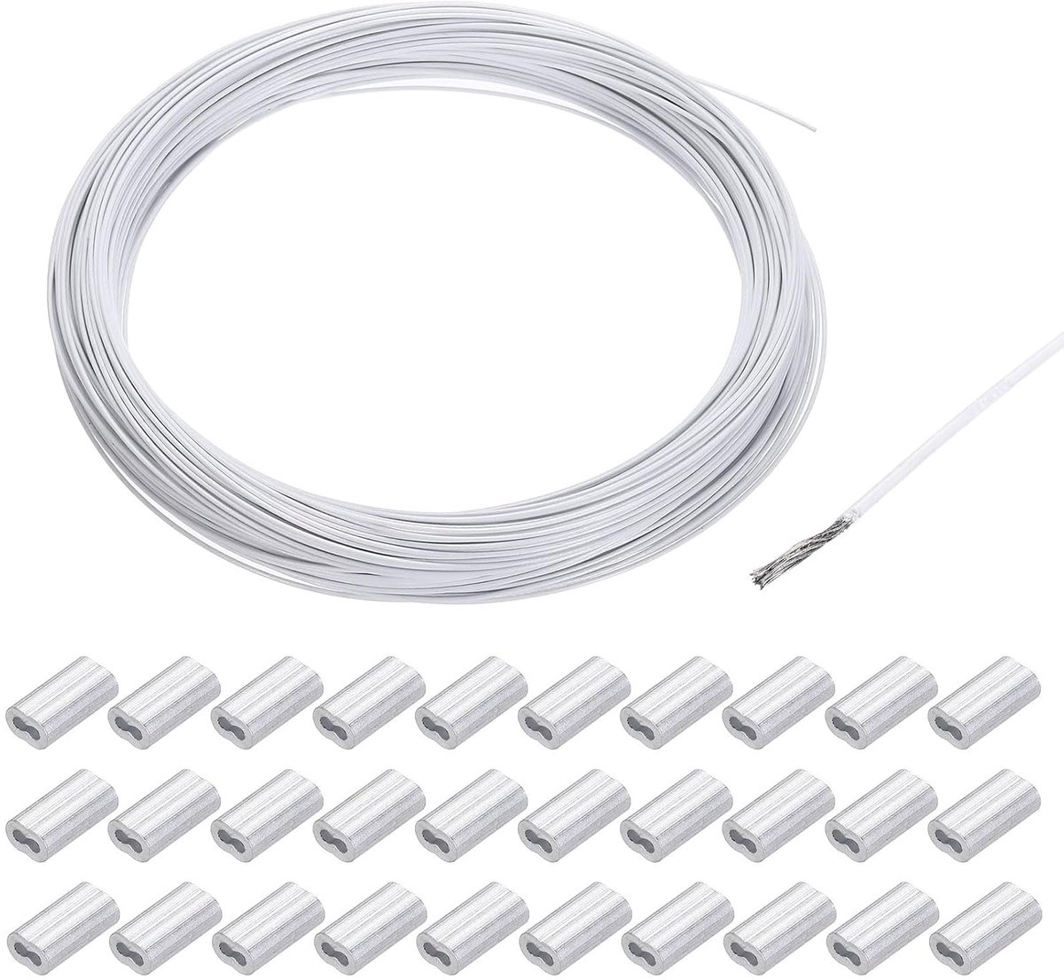 SnelShoppen - RVS Draad Kabel 50m x 0.8mm PVC Gecoat Staal Kabel met 30 Aluminium Sleeves - Voor Fotolijsten, Gordijnen, Tuinmeubels, Feesten en Decor
