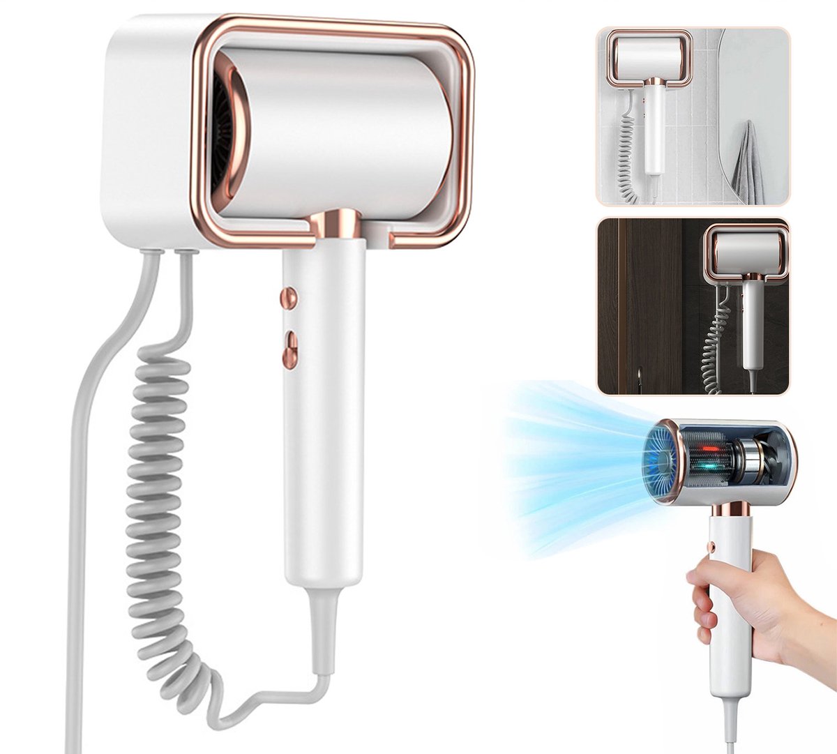 Haardroger met negatieve ionen - Met wandmontage - Professionele haardroger - Wandmodel - 2000W - Geschikt voor thuis, kapsalon en studentenkamer - Warme en koude lucht - 220V - Multifunctioneel - Warme en koude lucht - Wit