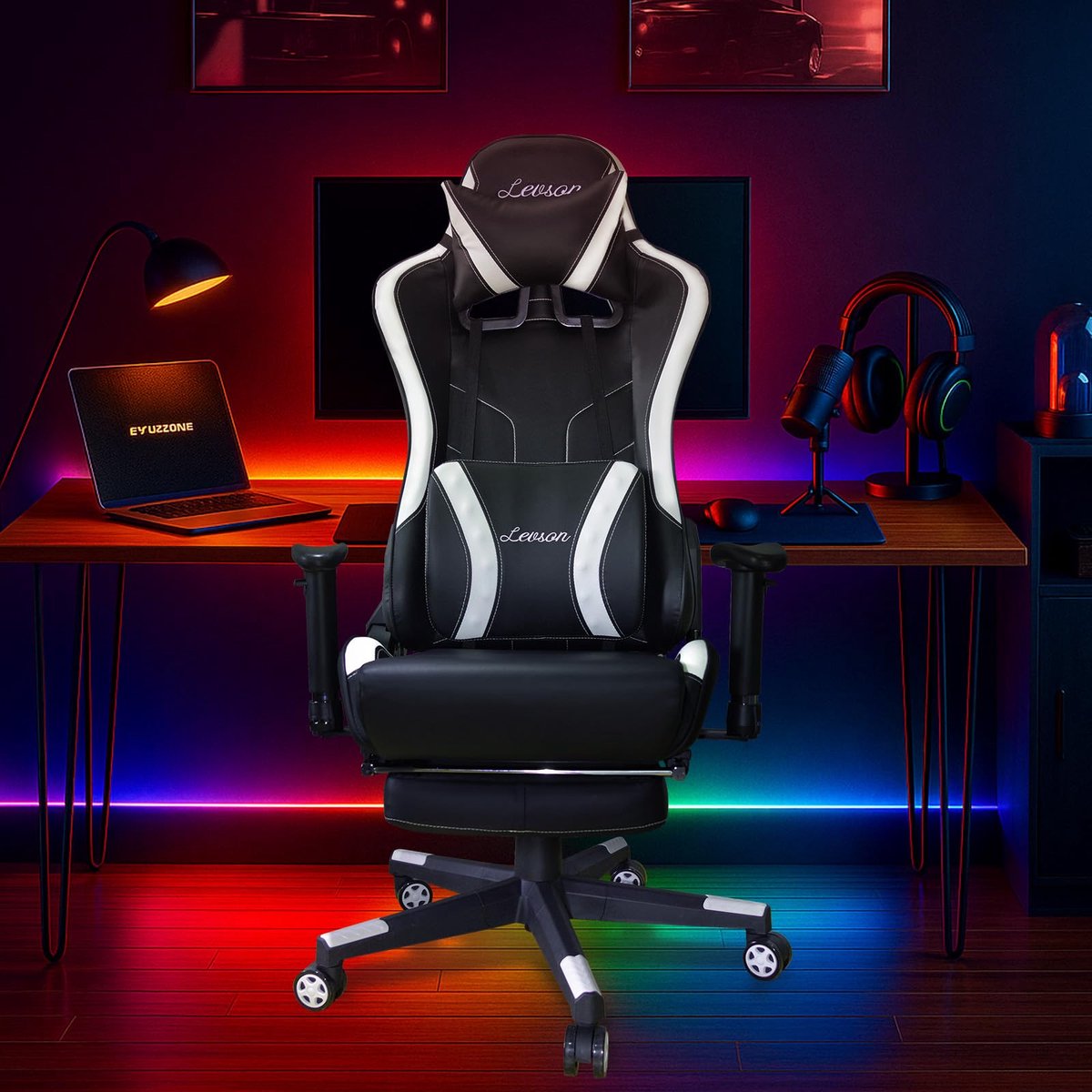 SnelShoppen - Ergonomische Gamingstoel met Lendensteun, Hoofdsteun en Voetsteun - Verstelbare 360° Draaibare Bureaustoel voor Thuis, Kantoor en Gaming