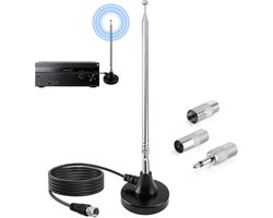 Telescopische DAB/FM Antenne | Radioantenne met Magnetische Voet | 19-79cm | Incl. 3 Adapters & 3m Verlengkabel | F-connectoren | Digitale Radio Antenne voor Binnen | Sterke Ontvangst | Eenvoudig te Installeren