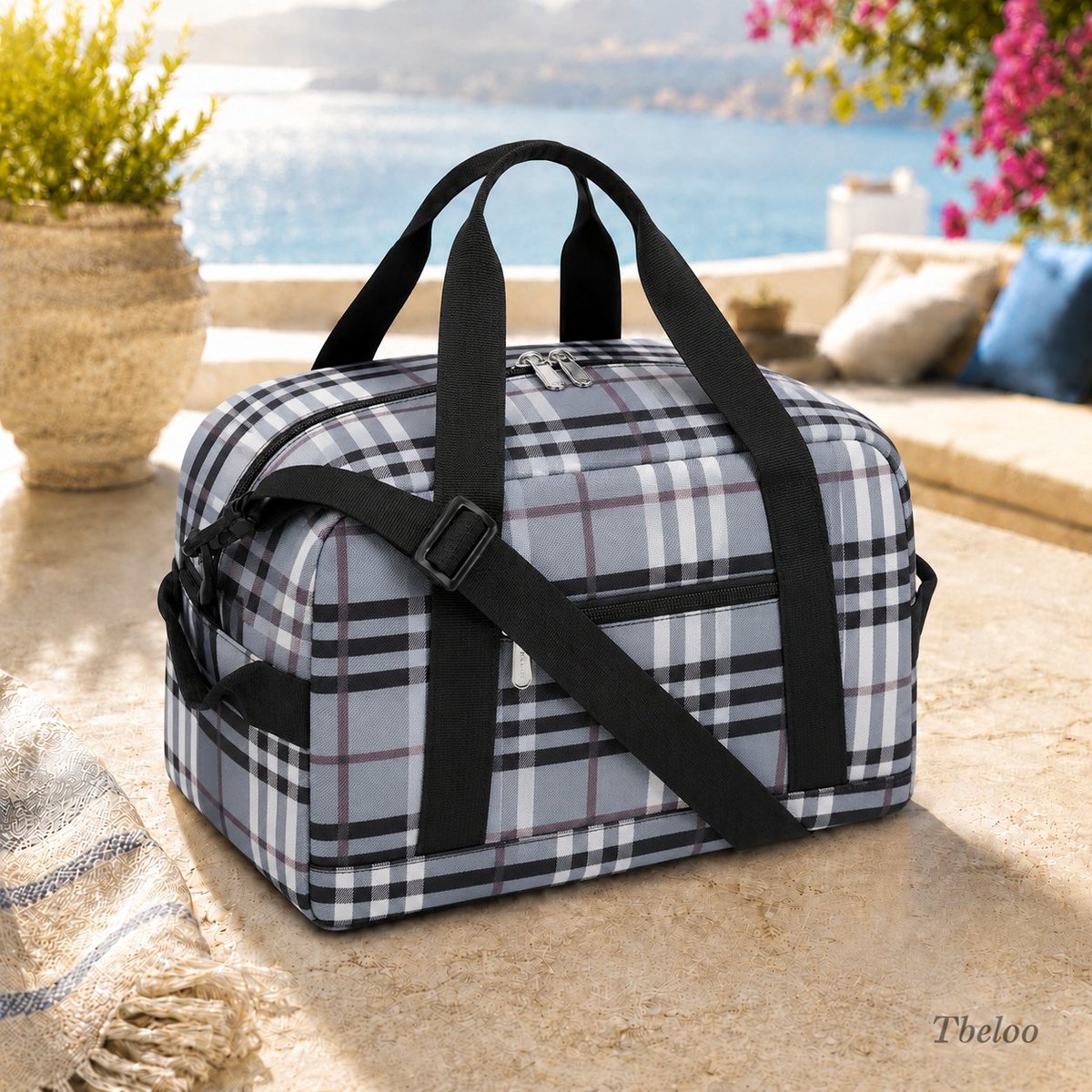 Tbeloo Mini Sporttas Reistas 12L - Weekender Fitnesstas Duffelbag Grijs Raster 30x20x20cm