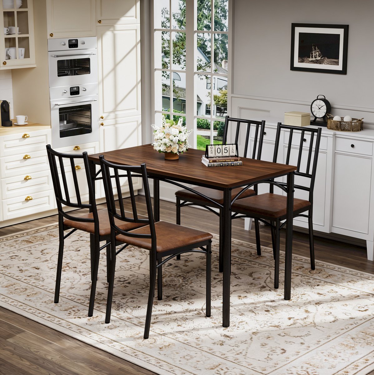 MEUNIQ eettafelset met 4 stoelen 110 x 60 x 76,5 cm, walnootkleurige tafel met metalen frame, industrieel tafel en stoelen set voor keuken, eetkamer of woonkamer