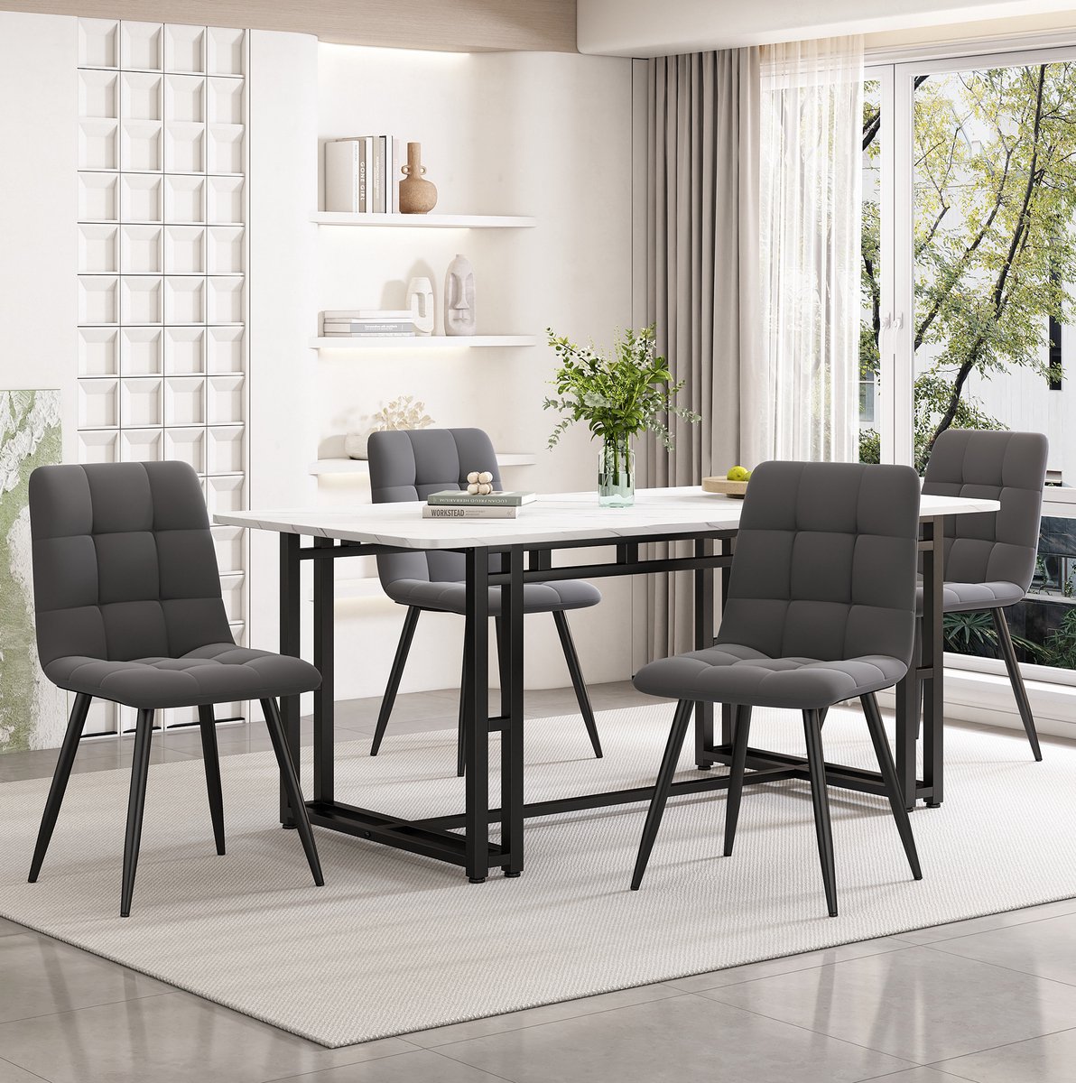 MEUNIQ 140 x 80 cm eettafelset met 4 stoelen, moderne tafel en stoelen set met grijze velours zittingen en zwarte metalen poten voor eetkamer en woonkamer