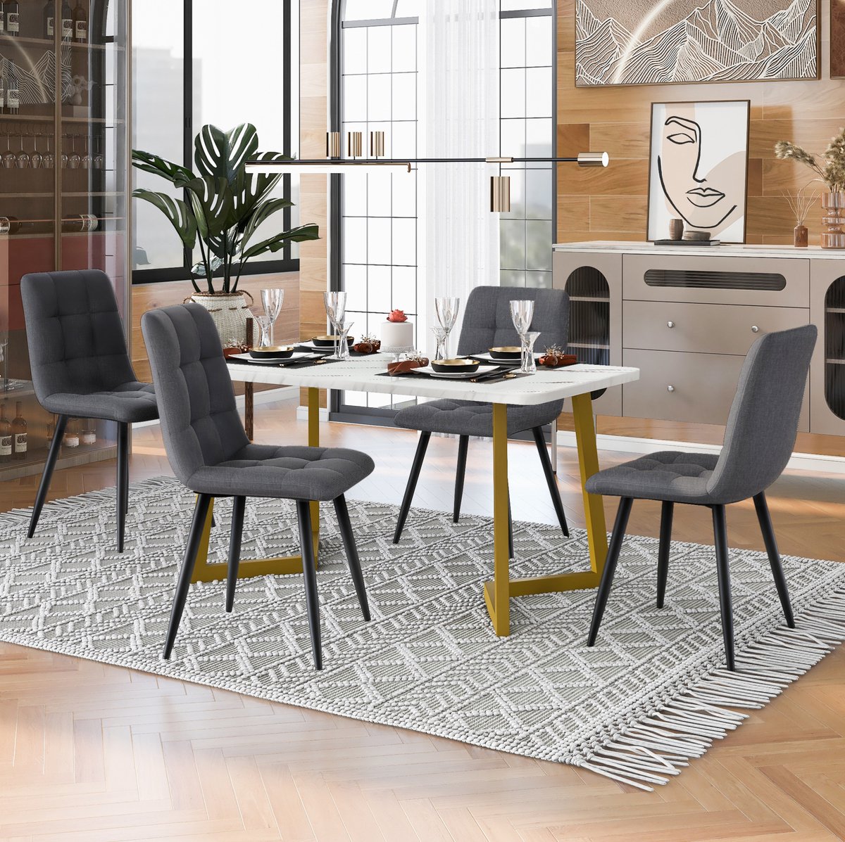 MEUNIQ 117 cm rechthoekige eettafelset met 4 stoelen, modern keuken- en eetkamermeubel met marmerlook blad en grijze stoelen