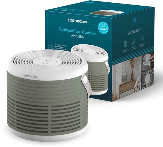Groene en witte luchtreiniger naast de verpakking. De verpakking toont "WhisperPure Comfort Air Purifier" en "42m²".