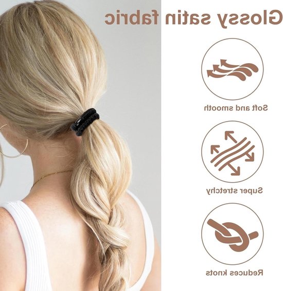 Zwarte satijnen scrunchies, 5 stuks zijden haarelastiekjes voor dames, ideaal voor slapen, sport en dagelijks gebruik — afbeelding 2