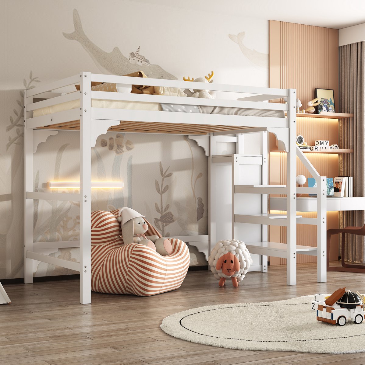 MEUNIQ Hoogslaper 140x200 cm met lattenbodem, stuftrap, kledingkast en opbergruimte, kinder- en jeugdslaapkamer, wit White