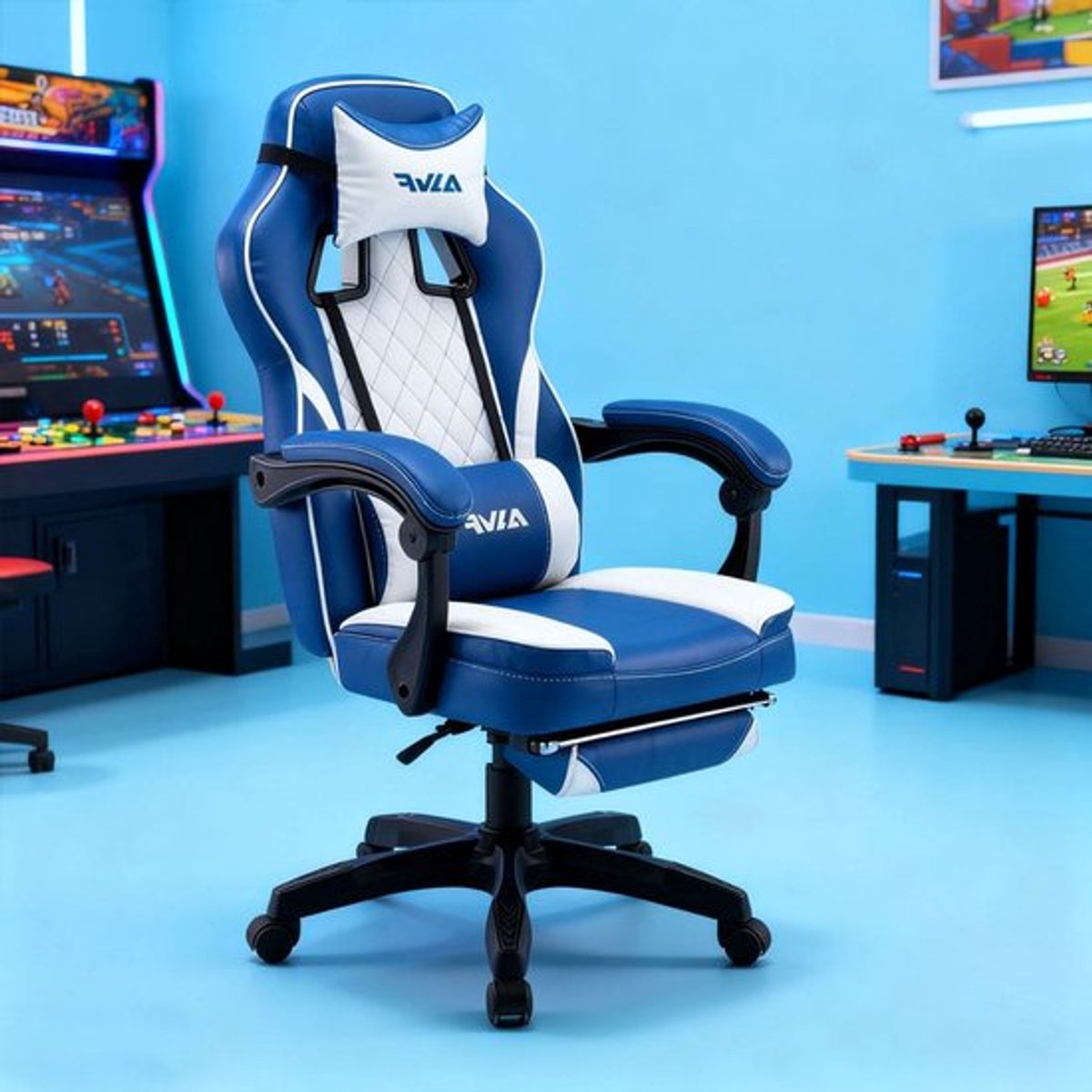 Gamestoel – Gamingstoel – Gaming Chair – Bureaustoel – Game Stoel – Verstelbare Voetensteun – Ergonomische Lendensteun – PU Leer – 360° Draaibaar – Stevig Metaal – Khaki/Wit