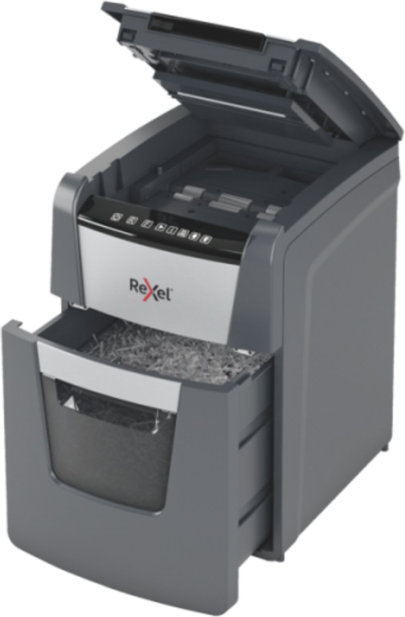 Rexel Optimum AutoFeed+ 100X Fluisterstille Papierversnipperaar - P4 Snippers - Automatische Invoer Tot 100 Vel - 34L - Zwart thumbnail 3