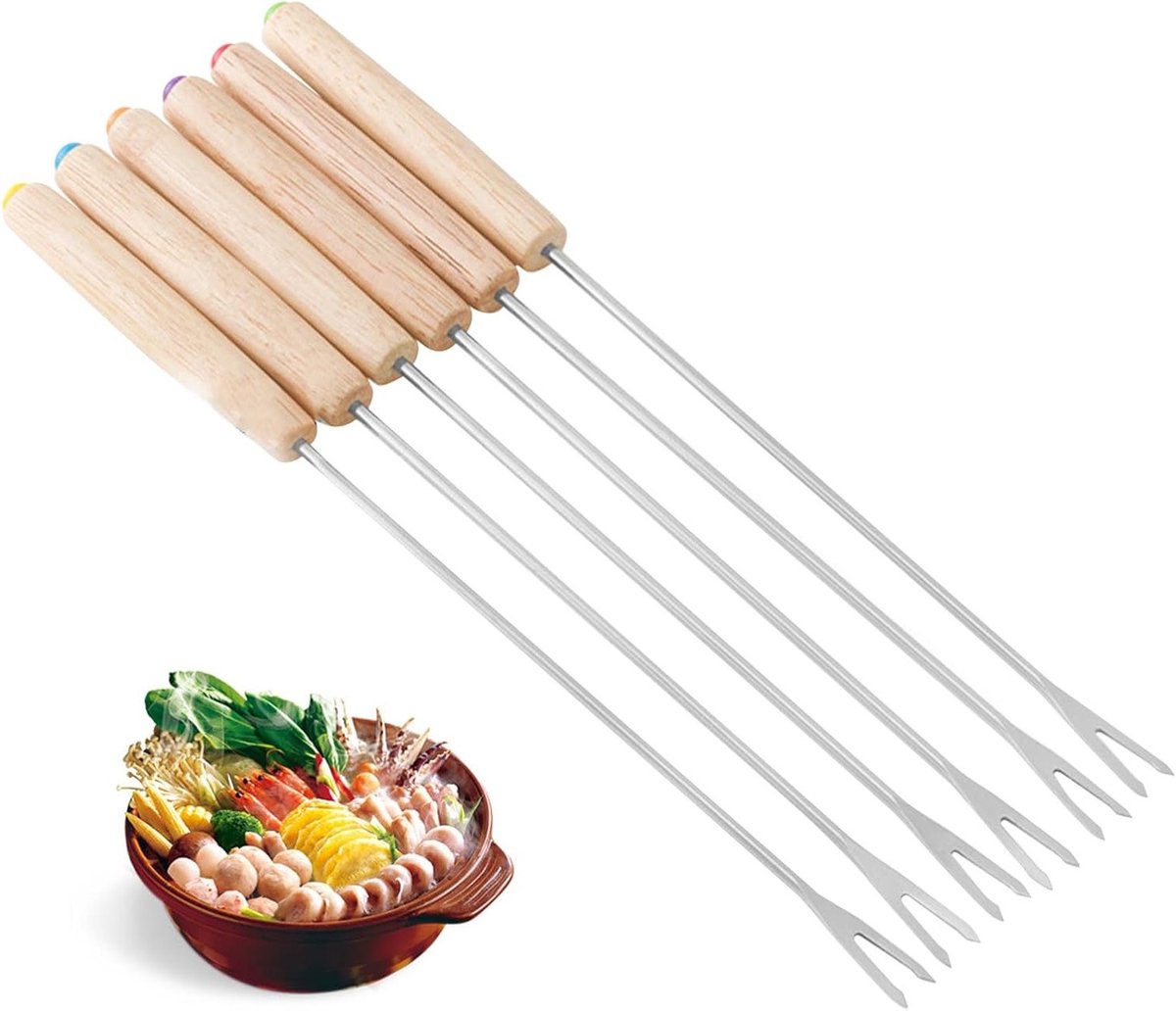 Set van 6 Fondue Vorken van RVS met Houten Handvat - Warmtebestendige Vorken voor Chocolade, Kaas en Fruit