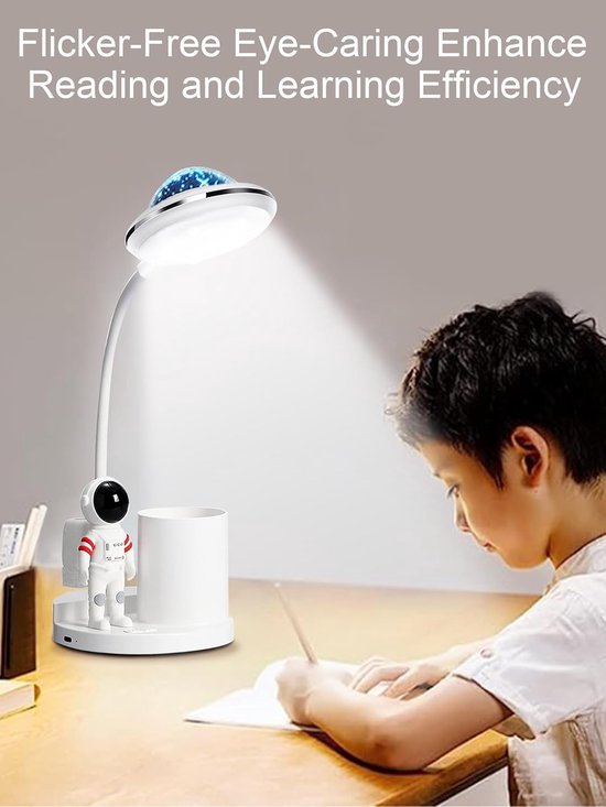 LED Desk Lamp for Kids - Astronaut Theme Portable Table Lamp with Projection and Pencil Holder - Dimmable and Rechargeable Reading Lamp for Students Dormitory Study — afbeelding 4
