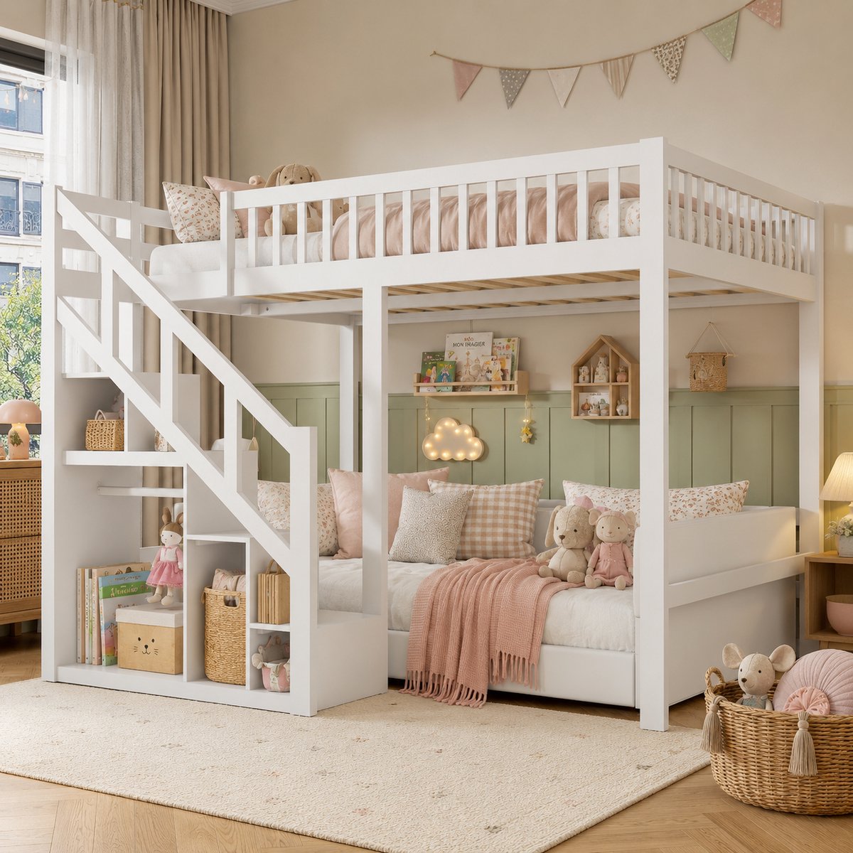 MEXUS Hoogslaper stapelbed 140x200 cm, Kinderbed met opbergruimte, valbeveiliging, trapje, Stapelbed voor Kinderen, Tieners, massief hout, Wit