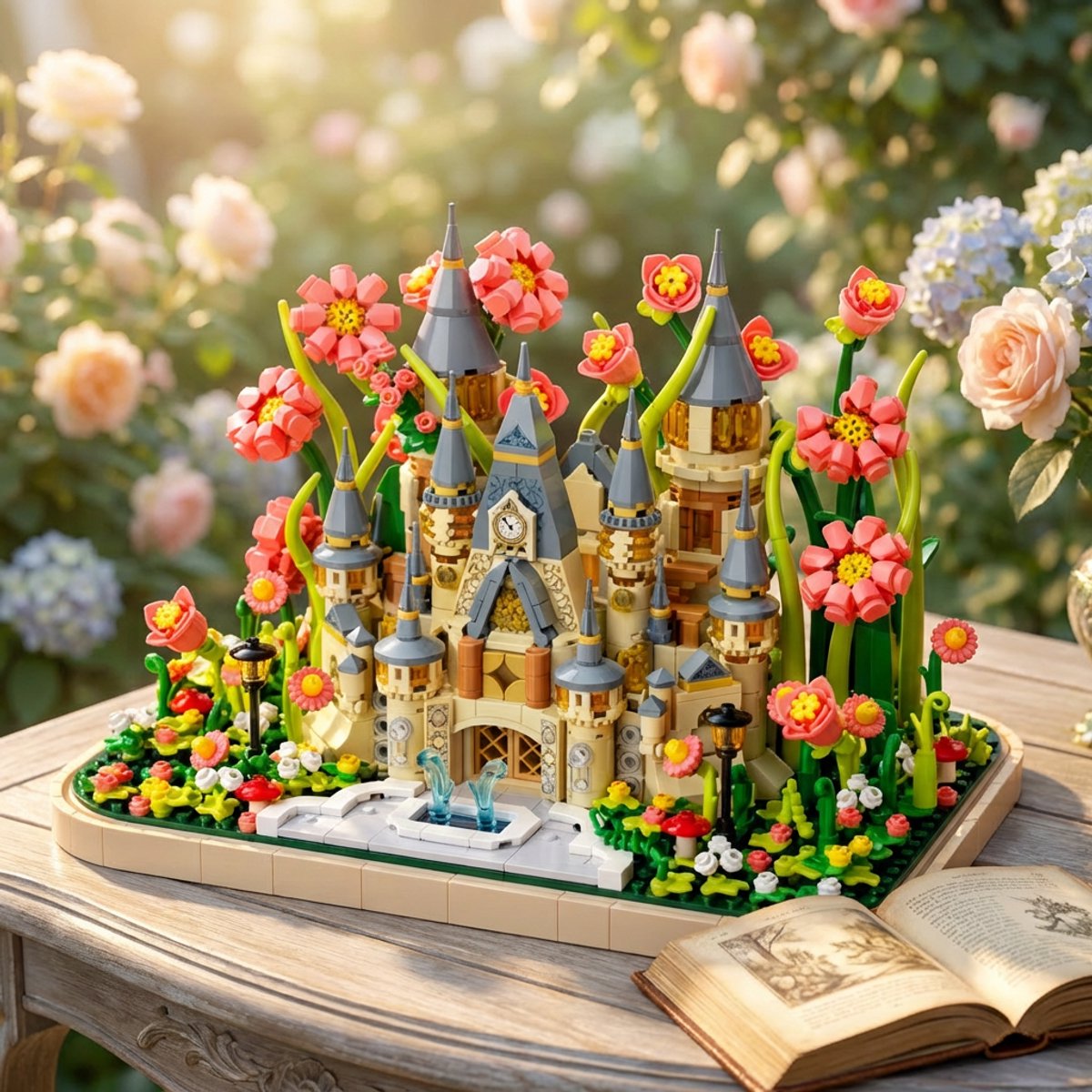 VONKELIOS® Prinsessenkasteel Bloem Bouwblokken Set 1301 Stuks met Stofafdekking | Decoratief Display Bouwspeelgoed, Ideaal Cadeau voor Kinderen en Volwassenen