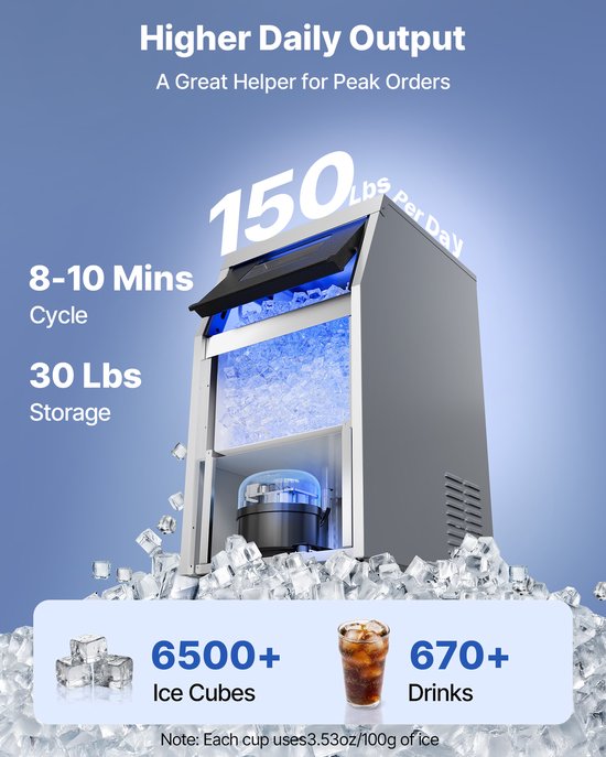 VEVOR Commercial Ice Maker Machine, 68 kg/24h met 14 kg Opslagcapaciteit, Ingebouwd/Losstaand/Onder Kast, Staalvrij Ijsmachine met Led Display & Zelfreinigend, voor Home Bar Restaurant — afbeelding 4